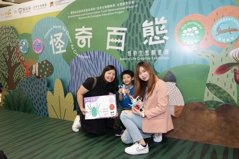 商場遊客欣賞以本地特色動物、植物、昆蟲、菇菌為題的趣味介紹展板，亦參與以本地生態為題的創意工作坊。